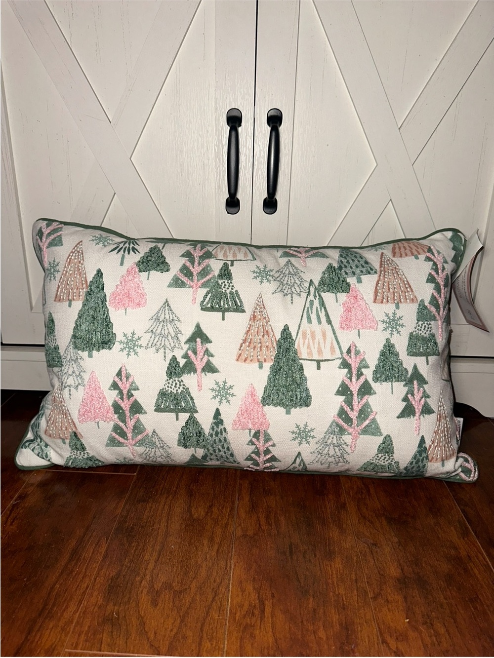 Cupcakes & Cashmere Pink and Green Holiday Christmas Tree Embroidered Pillow